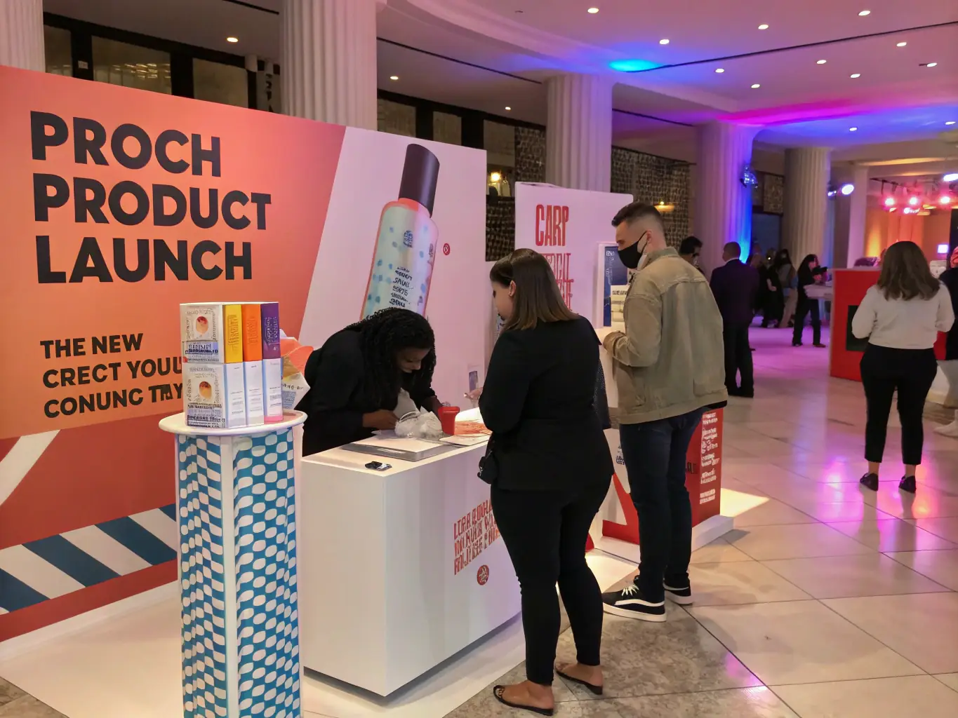 A visually appealing image representing a successful brand launch, with elements such as a new product, happy customers, and positive media coverage.