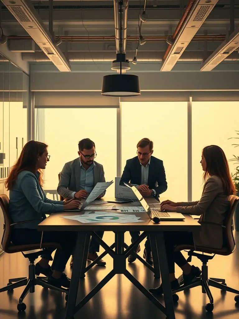 A vibrant image of a diverse team collaborating in a modern office, brainstorming ideas on a whiteboard, reflecting Zenvoro's collaborative environment.